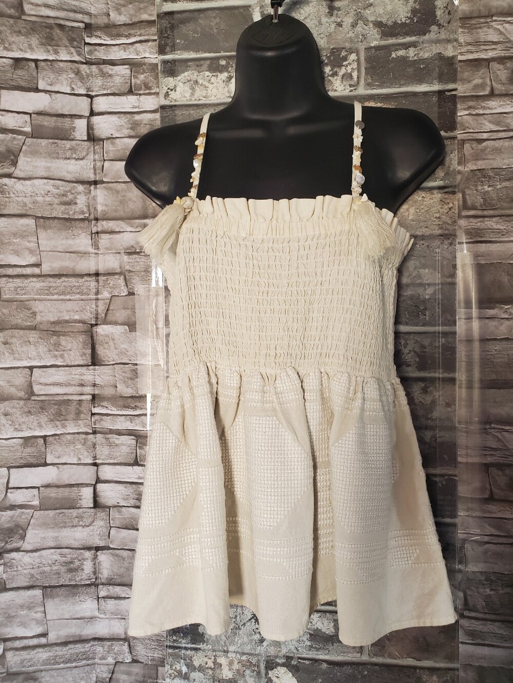 Zara Cream Smocked Top Beaded Straps Textured Preppy Bohemian Beachy Summer Lrg
